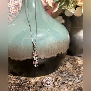 🪷Sterling Silver Stamp Pink Pearl Crystals Pendant Necklace & Ring Set-Size 7